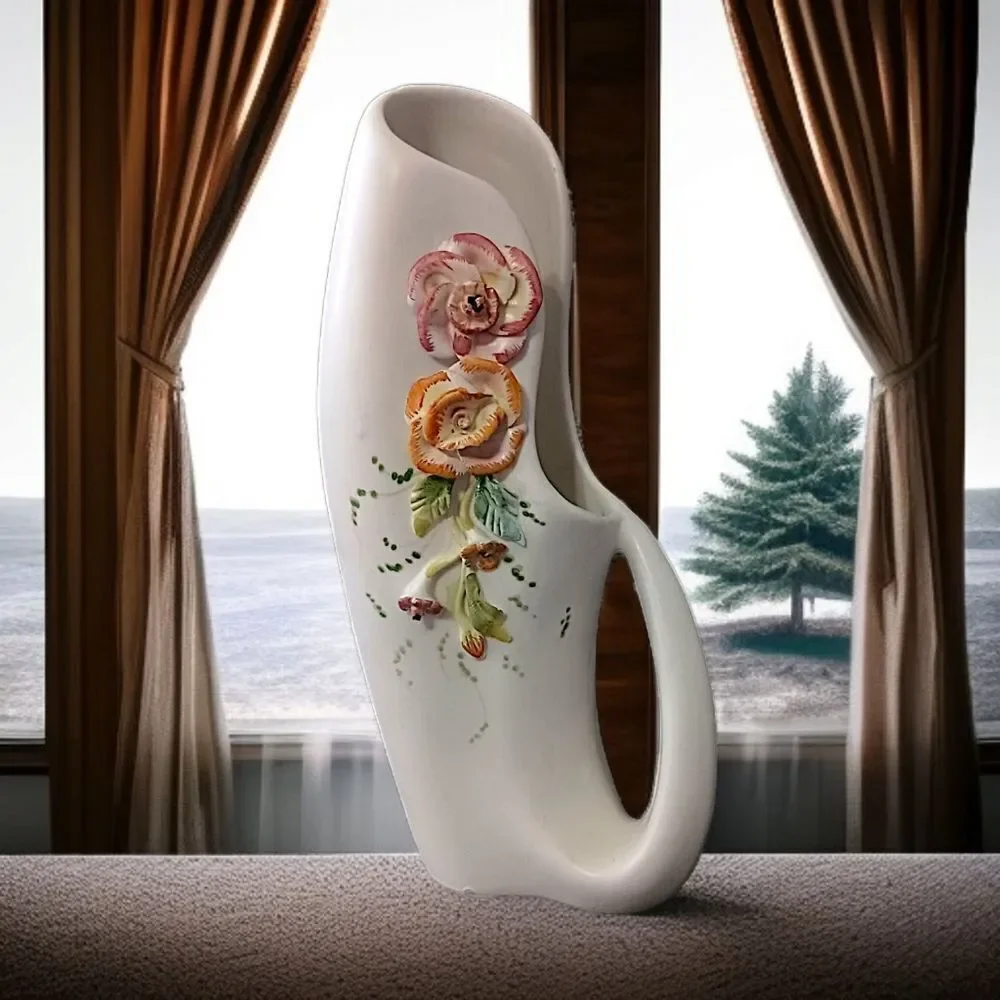 Vtg Applied Flowers Porcelain Vase Pitcher Abstract Handpainted Art Deco Nouveau